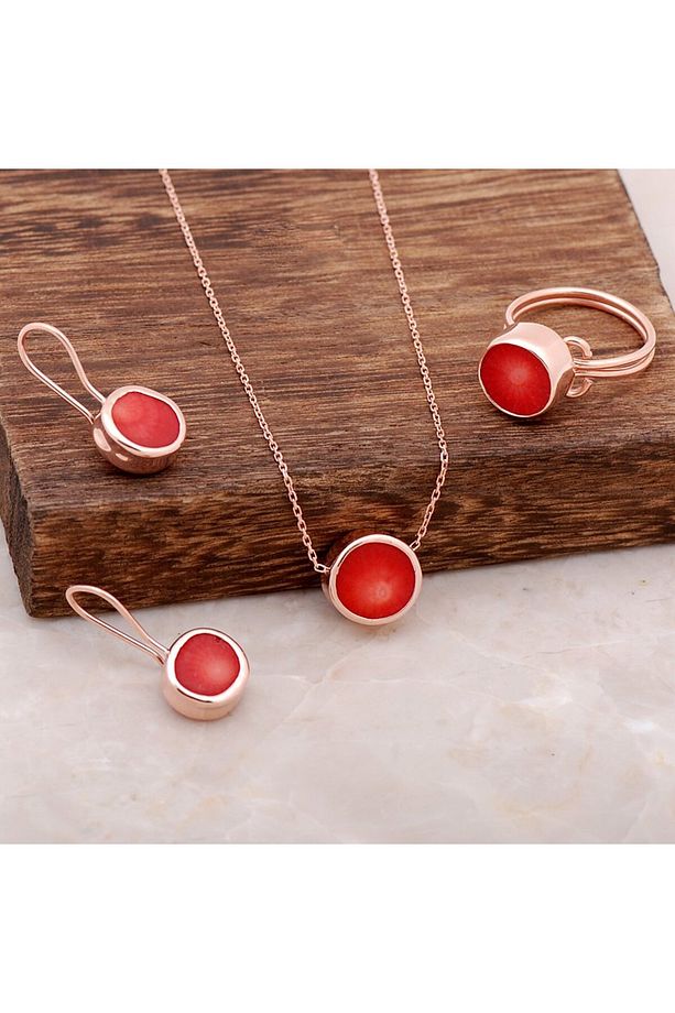 Mercan Taşlı Rose Gümüş Tasarım Elişi Set 1948 - 1