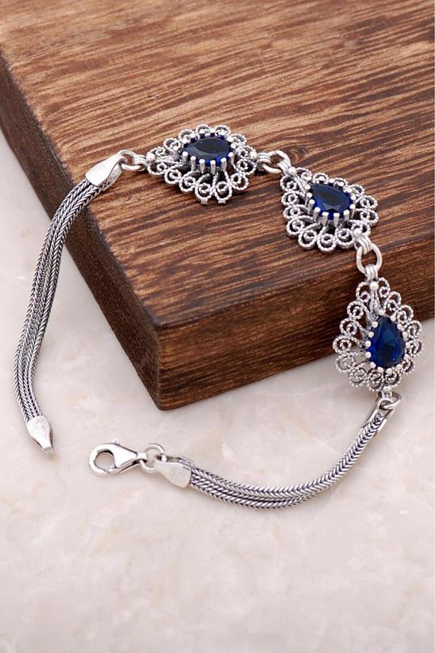 Safir Taşlı Telkari Işlemeli Gümüş Bileklik 2957 - 1