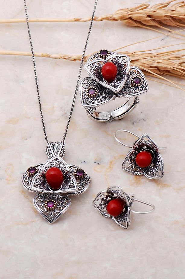 Mercan Taşlı Telkari Işlemeli Açelya Çiçeği Gümüş Set 1883 - 1