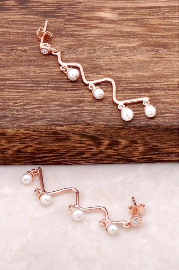 İnci Taşlı Rose Gümüş Zigzag Tasarım Küpe 2154 - 1