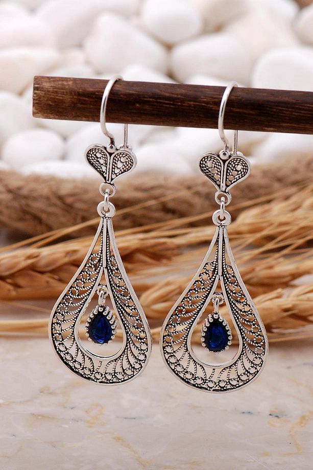 Safir Taşlı Damla Telkari Elişi Gümüş Küpe 5769 - 1
