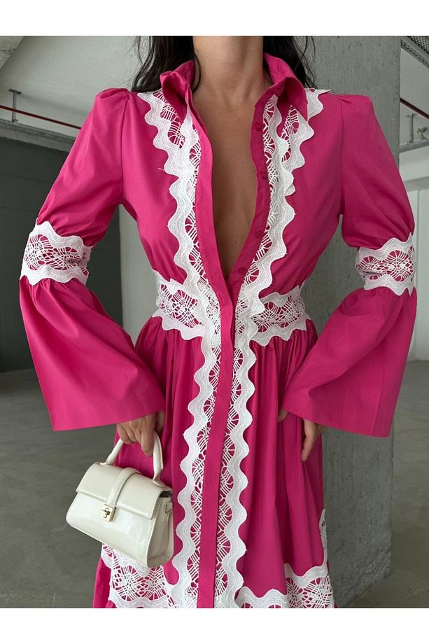 İthal Poplin Kumaş &Dantel Detaylı Uzun Gömlek Elbise-Pembe - 5