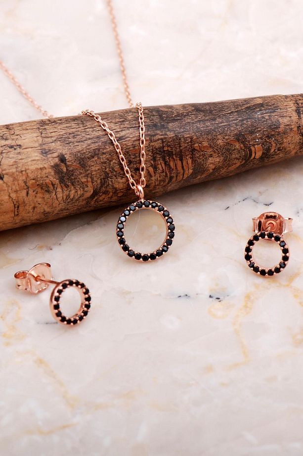 Halka Tamtur Taşlı Safir Rose Gümüş Kolye Küpe Seti 2609 - 1