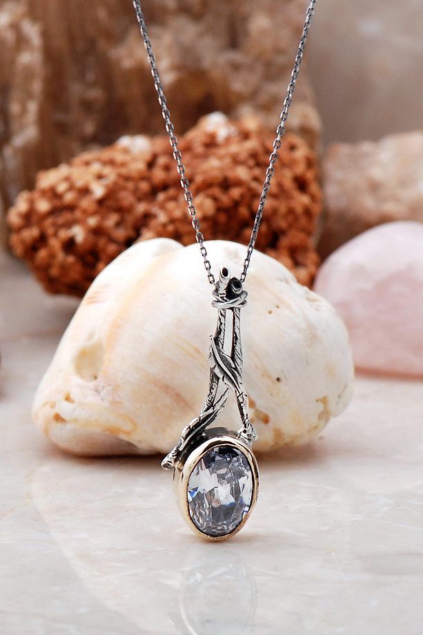 Quartz Taşlı Elişi Sarmaşık Tasarım Gümüş Kolye 6296 - 1