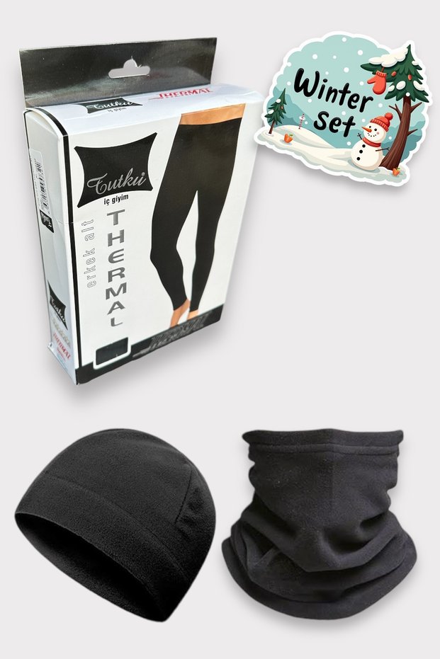 Men's Tutku Thermal Leggings + Fleece Neck Collar and Beanie Set