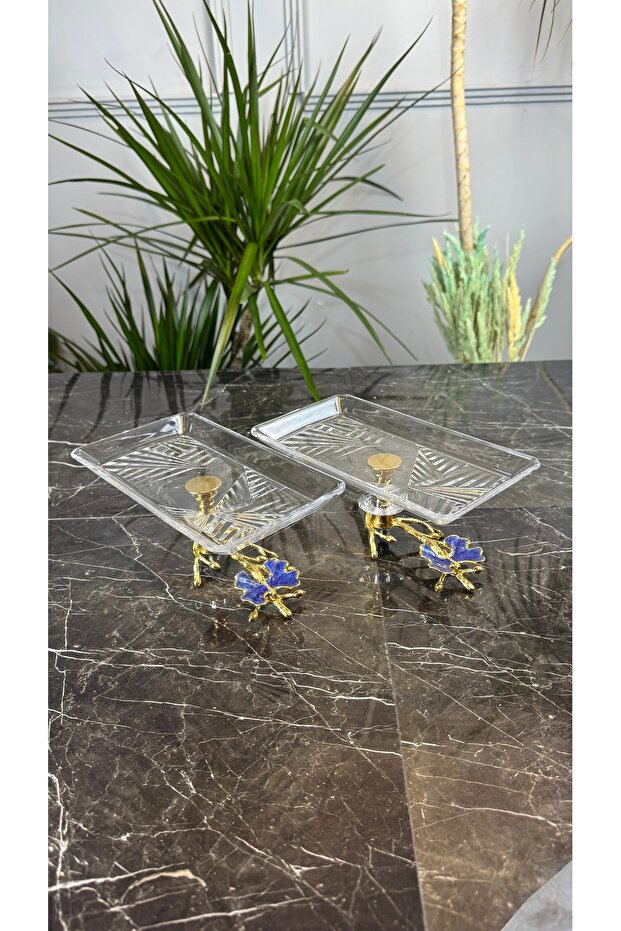 2-Piece Gold Branch Madlen Glass Presentation Plate & Catering Plate