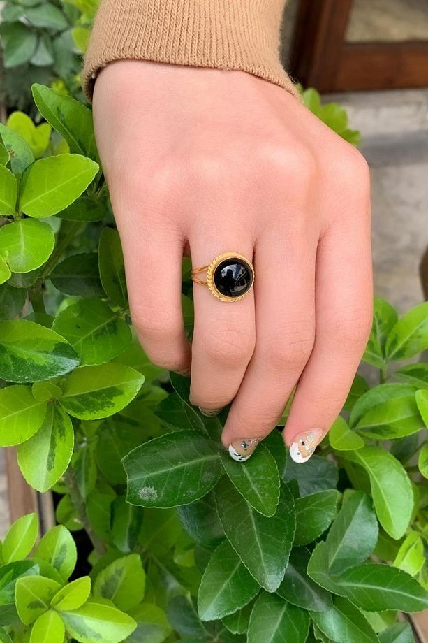 14 Ayar Altın Oval Onix Meftüllü Yüzük - 3