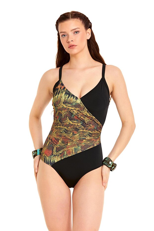 Crocodile Patterned Slimming Effect Double Breasted Swimsuit - 1