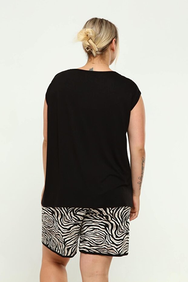 Plus Size Comfortable Pajama Set with Top and Bottom Shorts Zebra Pattern Double Cotton 2-Piece Bottom-Top Set Black - 7