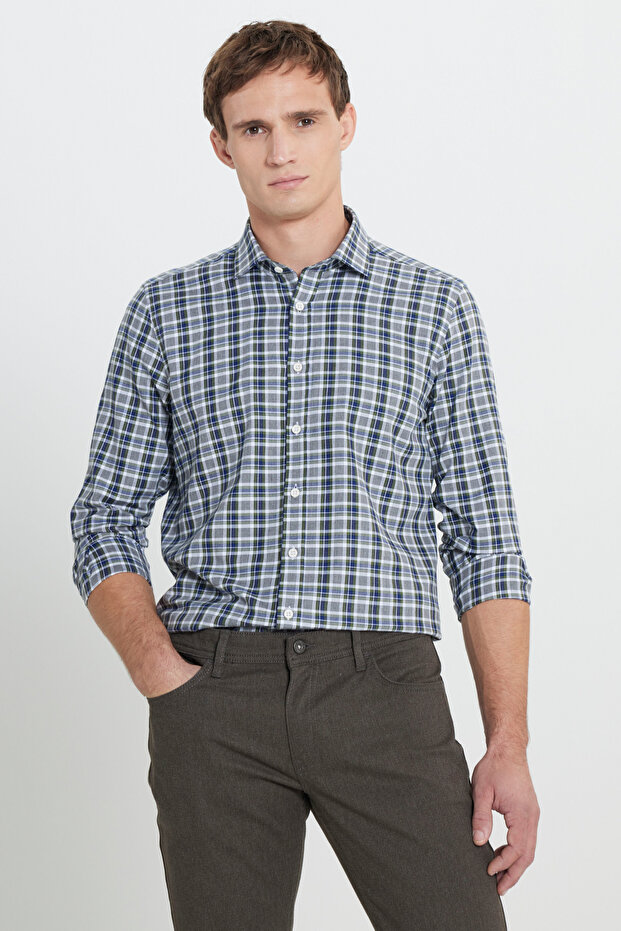 Men's Khaki-White 100% Cotton Oxford Slim Fit Slim Fit Classic Lapel Checked Shirt