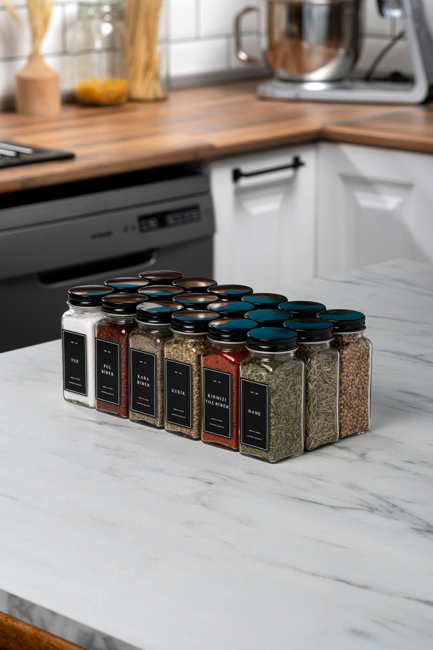 Set of 18 Clear Crystal Plexi - Glass Spice Rack with Black Lid and Label Mh03Syh18