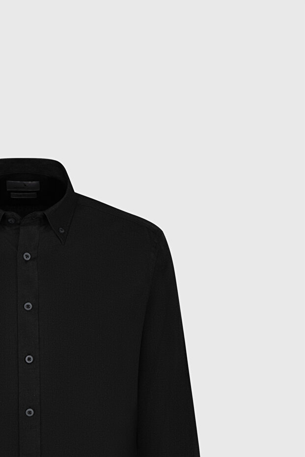 Erkek Siyah Comfort Fit Rahat Kesim %100 Keten Düğmeli Yaka Gömlek - 7