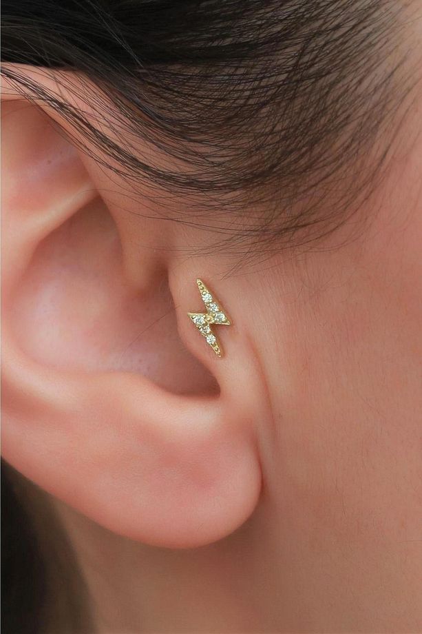 14 Ayar Altın Taşlı Şimşek Tragus Piercing - 1