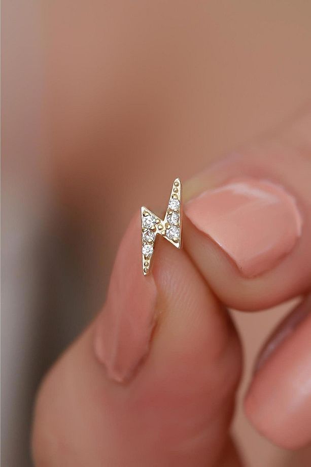 14 Ayar Altın Taşlı Şimşek Tragus Piercing - 3