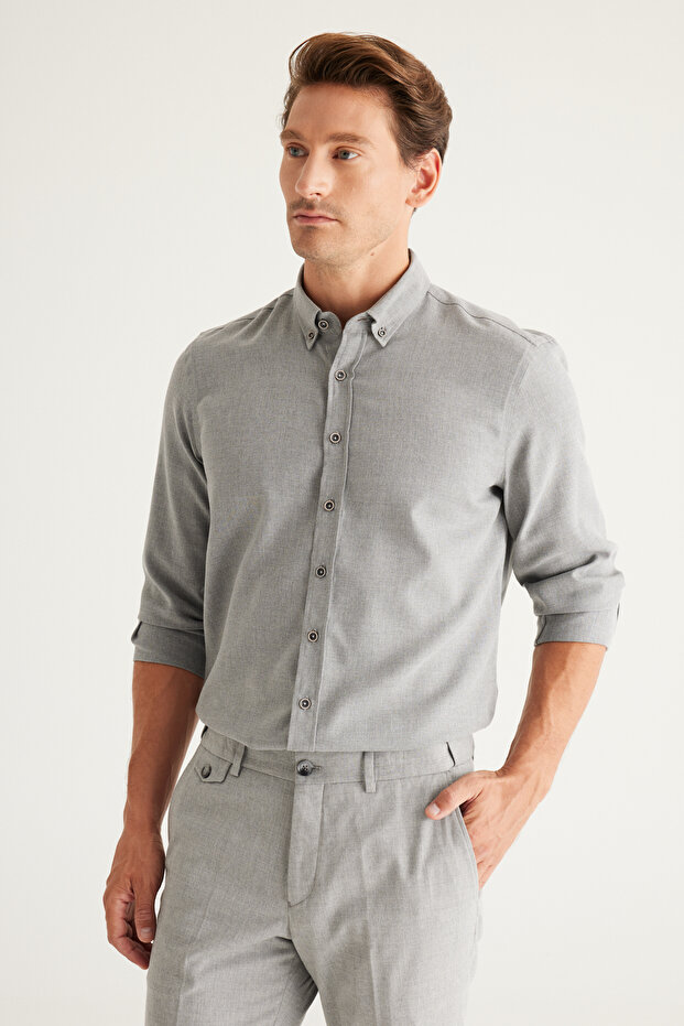 Men's Gray Slim Fit Narrow Cut Classic Collar Organic Cotton Shirt