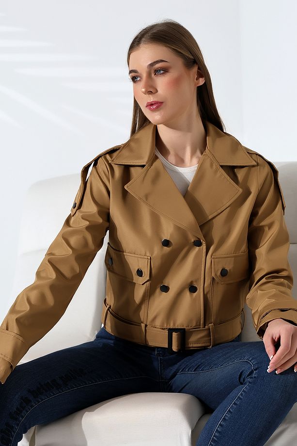 Kadın Astarlı Kemerli Cepli Su İtici Kumaş Crop Trençkot Camel - 5