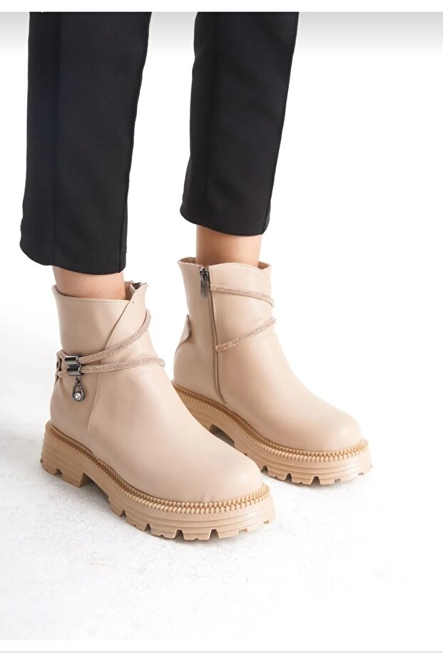 Ekru Yüksek Dolgu Taban Simli Taşlı Kadın Günlük Bot - 2