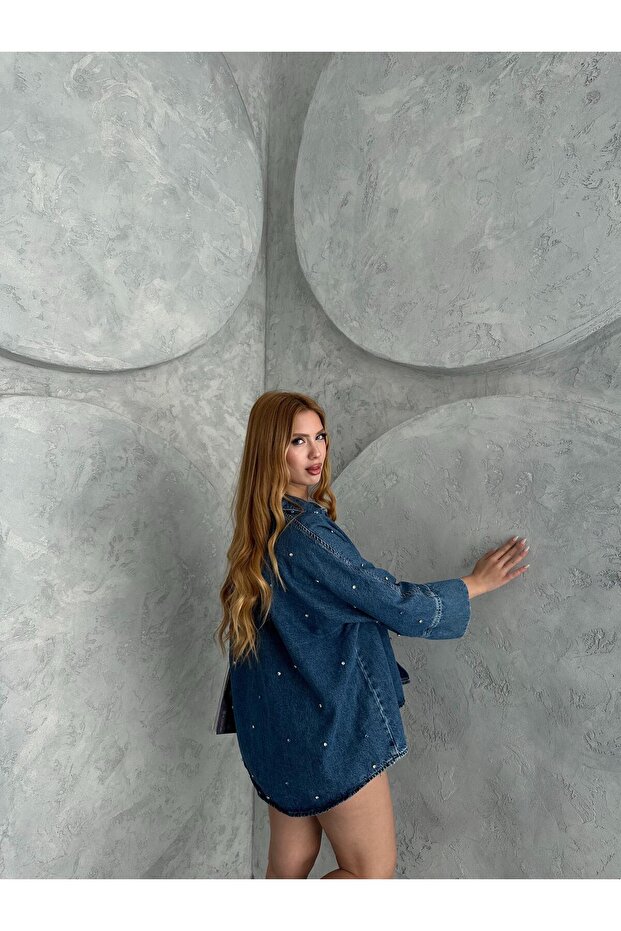Mavi Taş Süslemelı Oversize Demim Gömlek - 7
