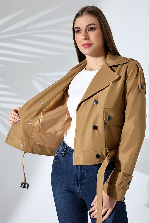 Kadın Astarlı Kemerli Cepli Su İtici Kumaş Crop Trençkot Camel - 7