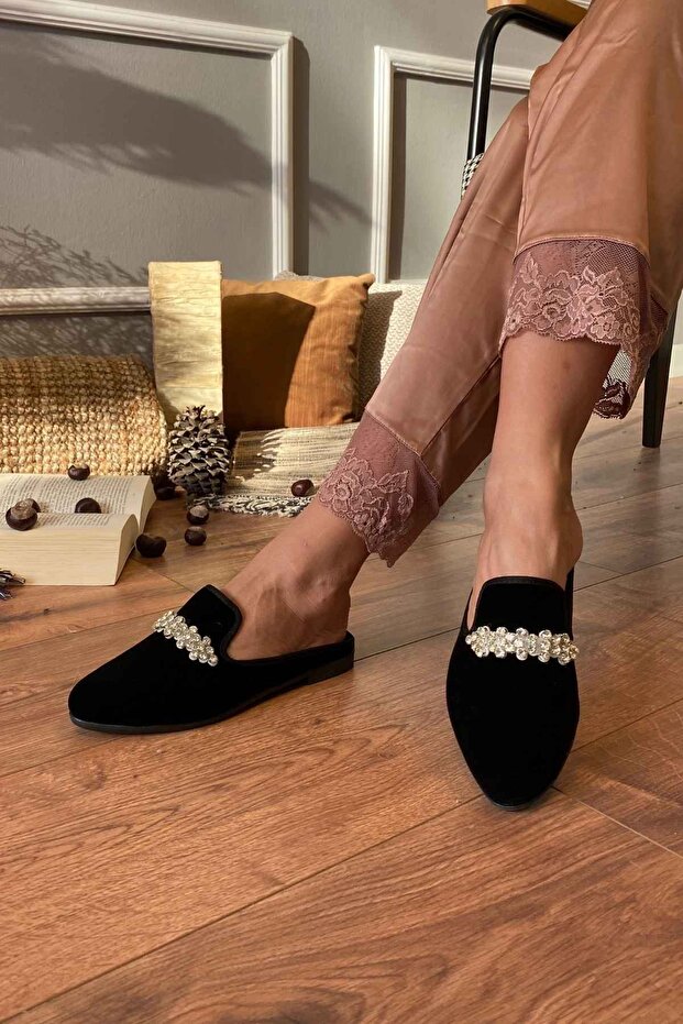 Lima Siyah Tek Şerit Taş Işlemeli Önü Kapalı Elegant Ev Terliği - 4