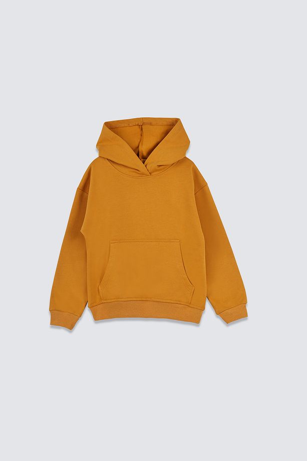 Basic Kapüşonlu Şardonlu Kanguru Cep Detaylı Çocuk Sweatshirt 3-10 Yaş Hardal - 1