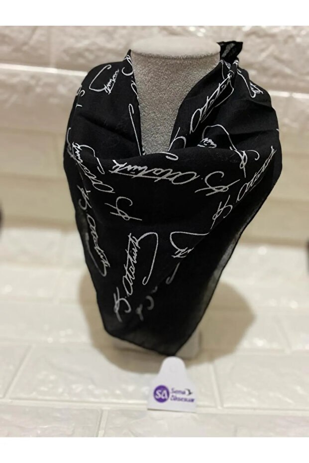 Black Atatürk Signed Cotton Fabric Scarf - 23 April, 29 October, 30 August, 19 May