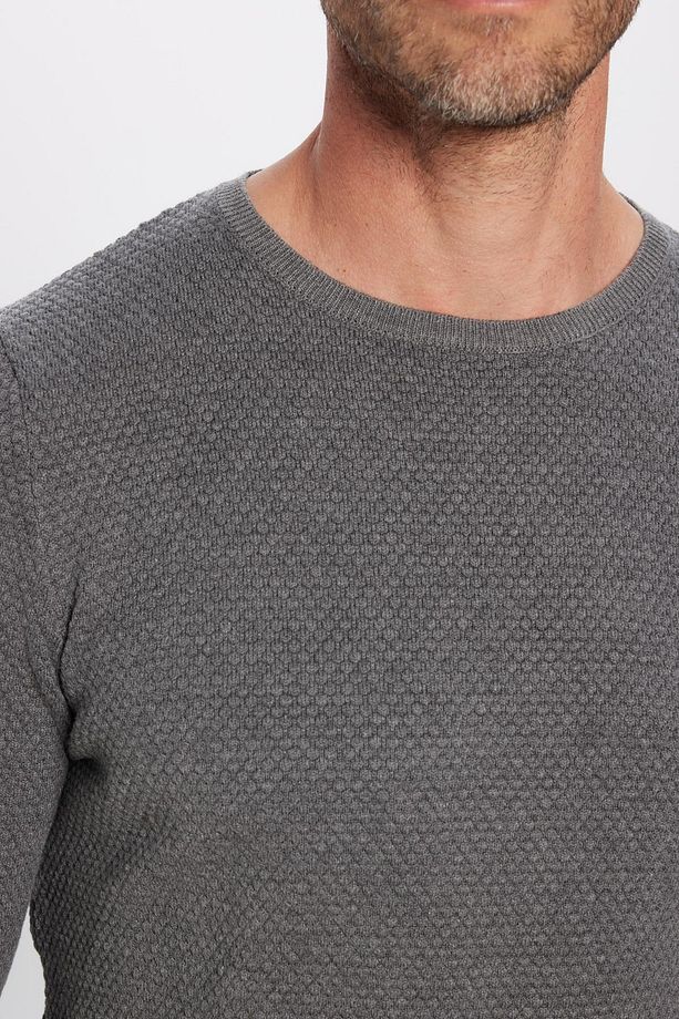 Erkek Slim Fit Dar Kesim Bisiklet Yaka Petek Desenli Gri Triko Kazak - 3