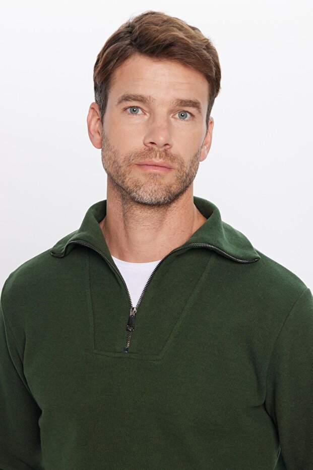 Unisex Relax Fit Comfortable Cut Ribbed Patterned Cotton Half Zipper Green Stand Collar Sweatshirt