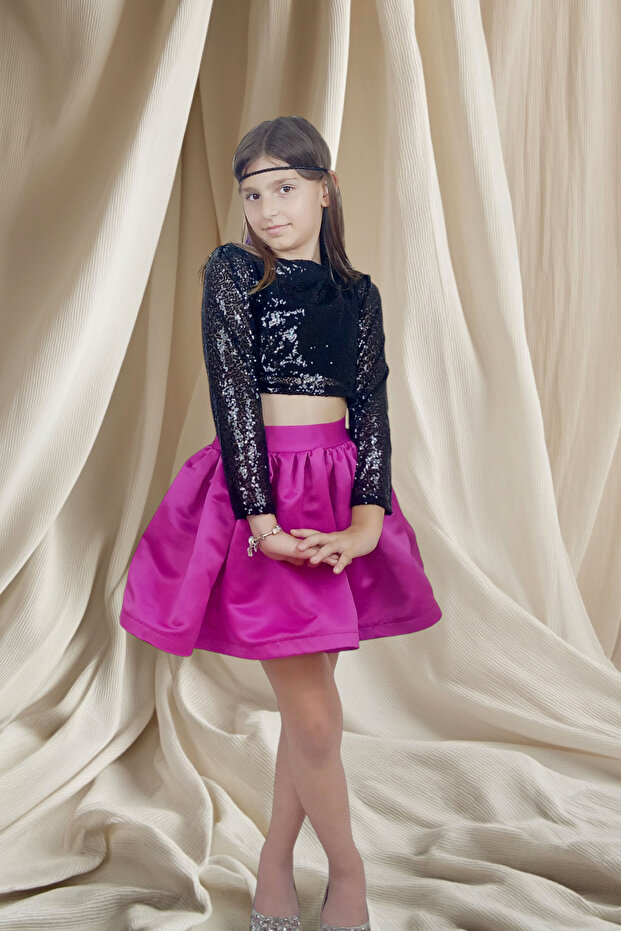 KIZ ÇOCUK SİYAH UZUN KOLLU PULLU CROP FUŞYA ETEK ABİYE TAKIM - 4