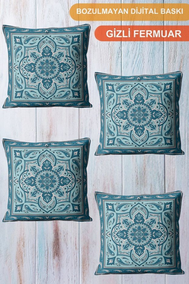 Turquoise Digital Printed 4-Piece Throw Pillow Sofa Set - Uzbek Patterned