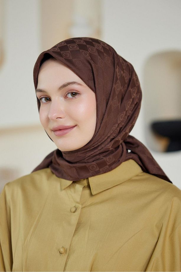 Monogram Desen Jakar Eşarp Çikolata Kahve - 1