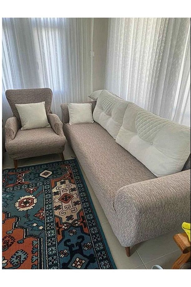 Jakarlı 3 3 1 1 Lastikli Kanepe Örtüsü | Lastikli Koltuk Örtüsü | Koltuk Kılıfı Takımı - 2