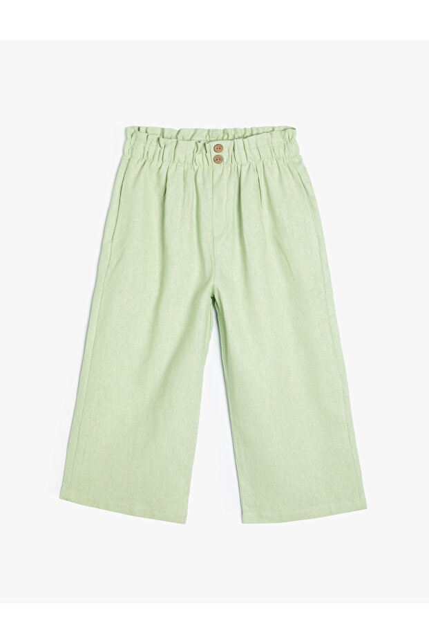 Linen Trousers with Elastic Waist and Button Detail