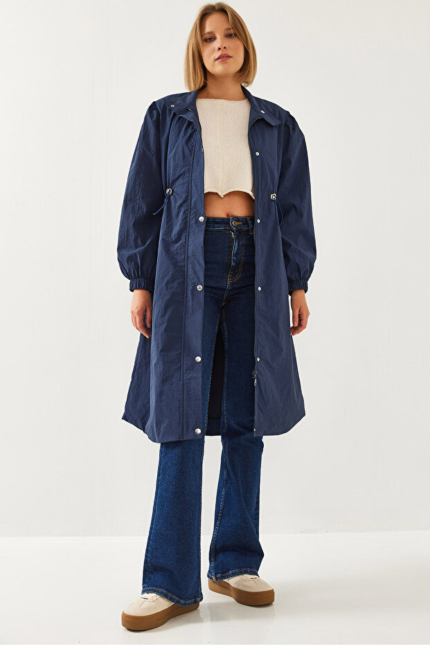 Women's Navy Blue Elastic Waist Long Raincoat 5939 60351240