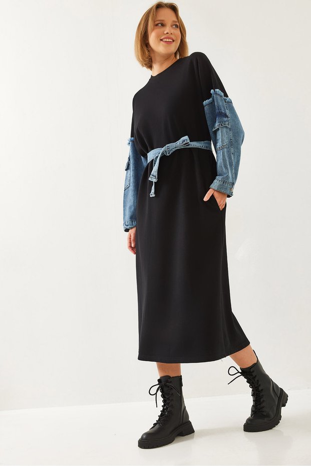 Women's Black Sleeves Denim Detailed Dress 8083 60351247