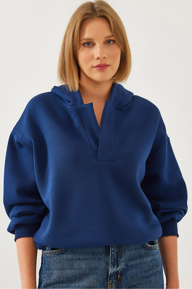 Women's Navy Blue Hooded V-Neck Sweatshirt 60351253
