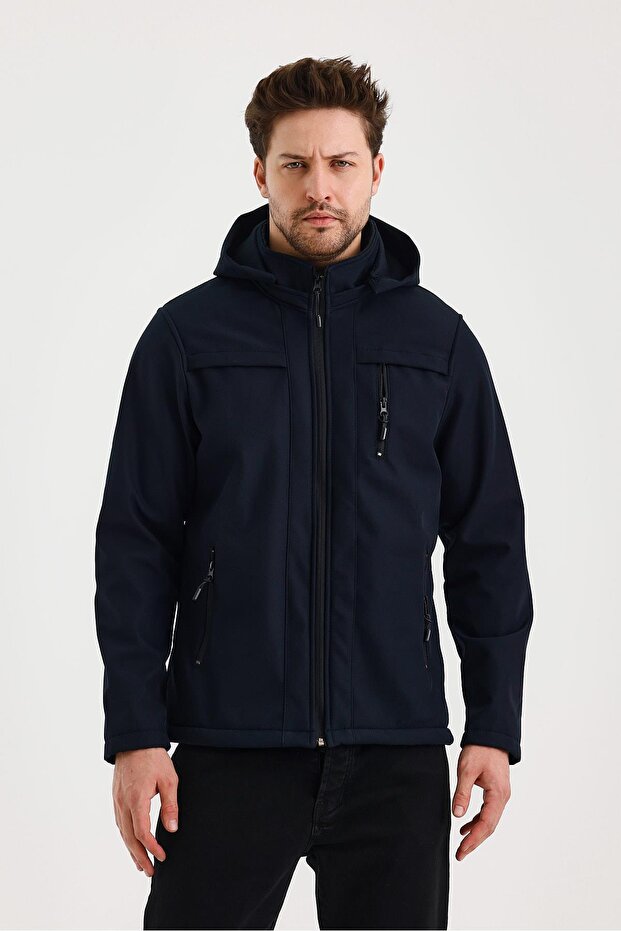 Navy Blue Men's 100% Waterproof Fleece Inside with Inner Pocket Removable Hooded Softshell Coat & Coat