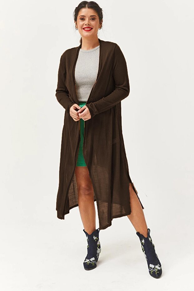 Women's Slim Knitwear Long Dark Brown Cardigan