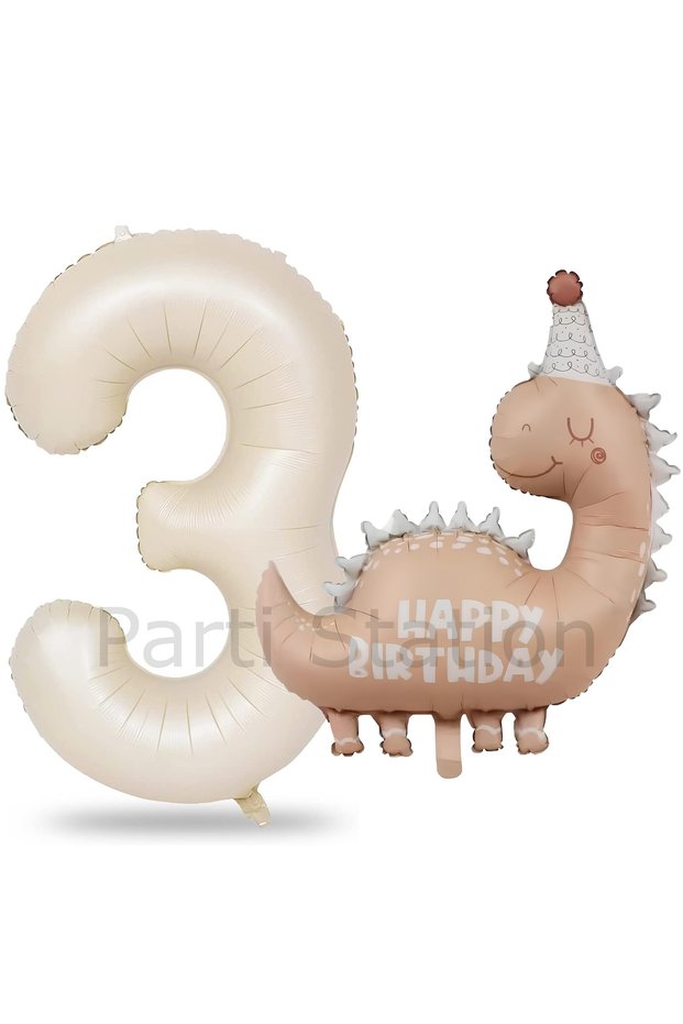 Retro Dinosaur 1 Year Old Cream Color Number Balloon Set Cute Pink Dinosaur Concept Birthday Balloon Set