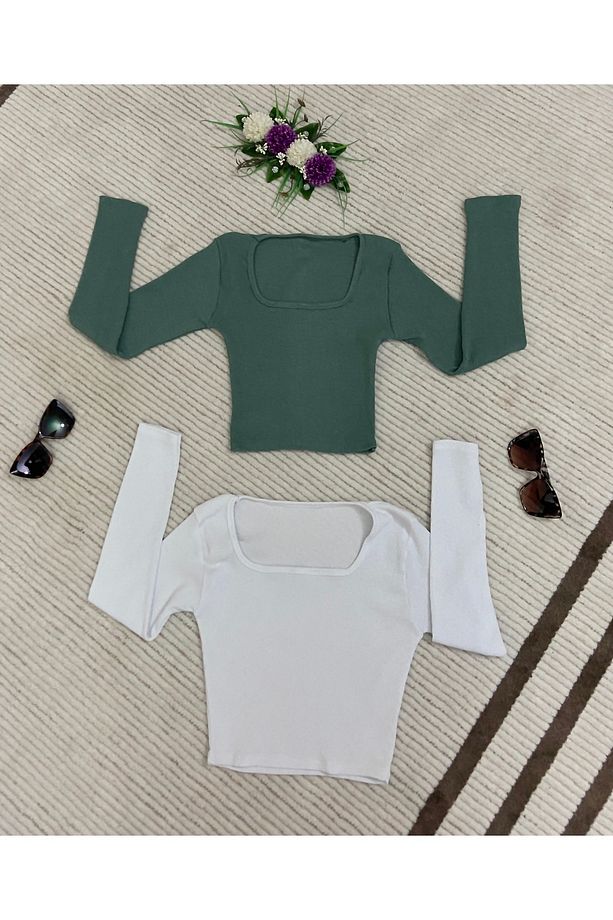 2'li Paket %100 Pamuklu Fitilli Kaşkorse  Kare Yaka Uzun Kollu Crop Bluz - 2
