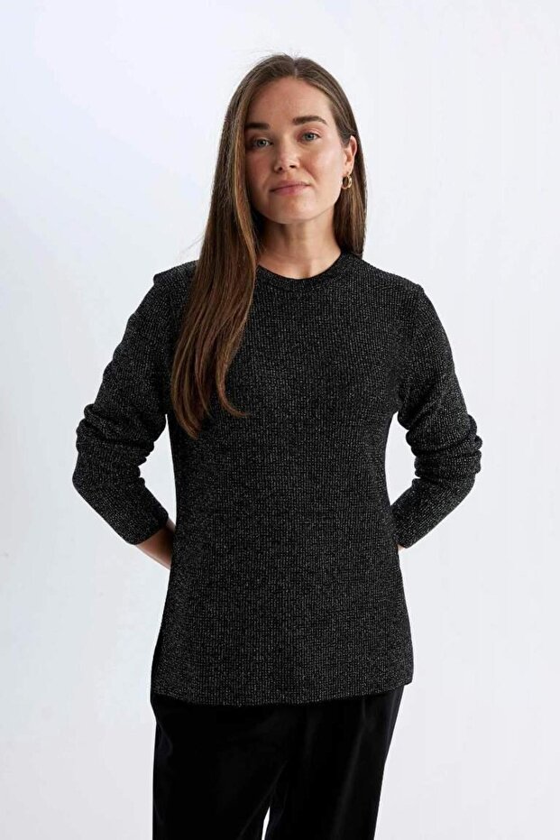 Regular Fit Bisiklet Yaka Simli Kumaş Kazak Tunik - 3