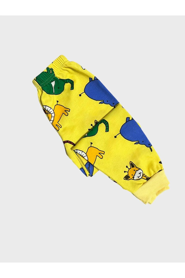 Erkek Çocuk Pamuklu Sarı Aslan Fil Zebra Desenli Uzun Kollu Pijama Takımı - 4