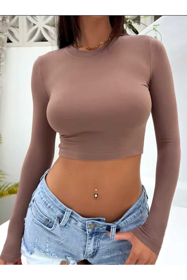 Long Sleeve Crew Neck Mini Crop Body , Crop Body , Brown Long Sleeve Crop Body