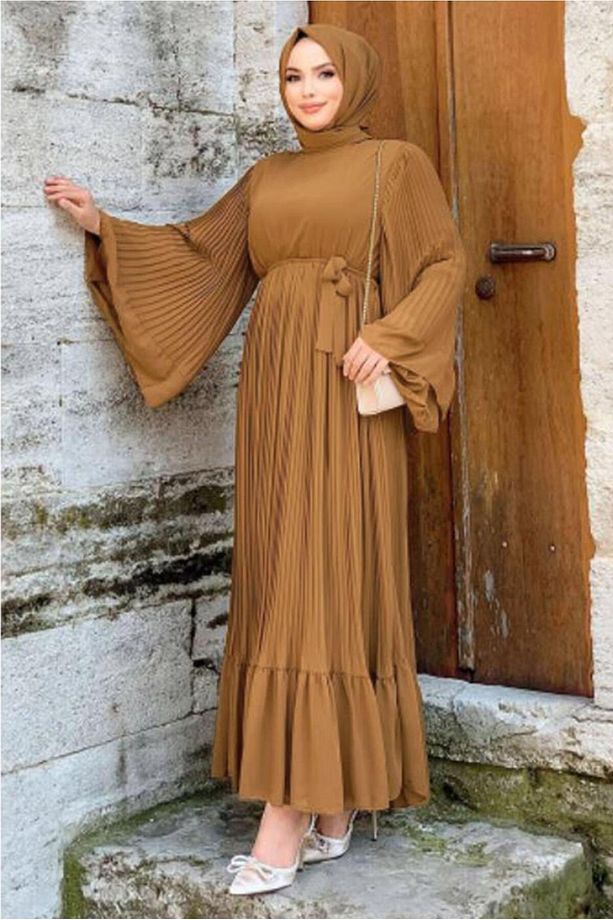 Kadın Taba Piliseli Kuşaklı Elbise T 4043 - 3