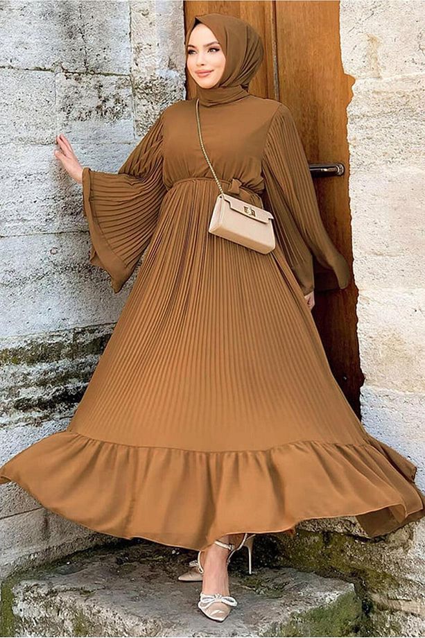 Kadın Taba Piliseli Kuşaklı Elbise T 4043 - 2
