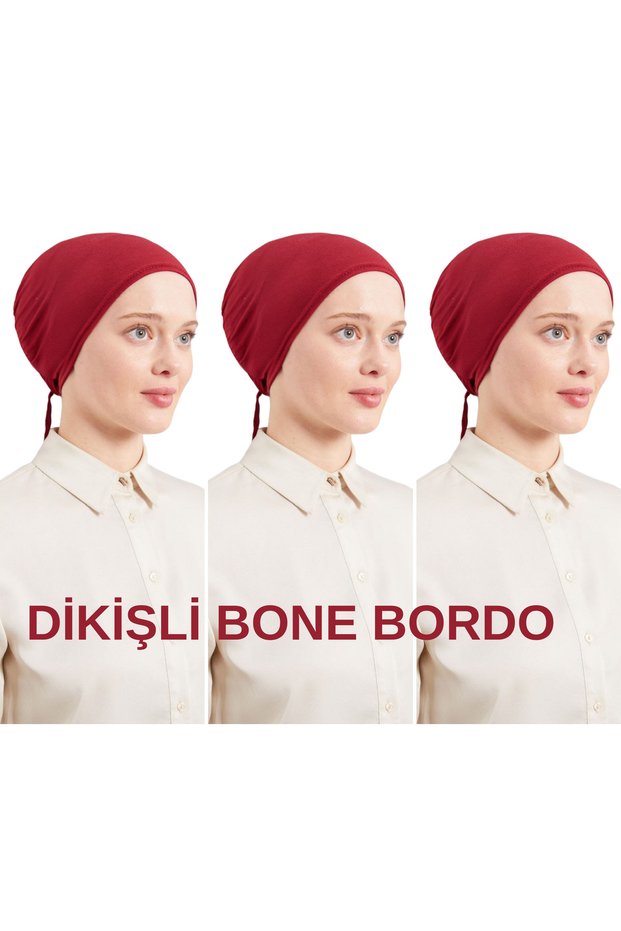 Women's Hijab Sewn Set Bonnet Burgundy 3 Pieces Tieable Combed Cotton Bonnet