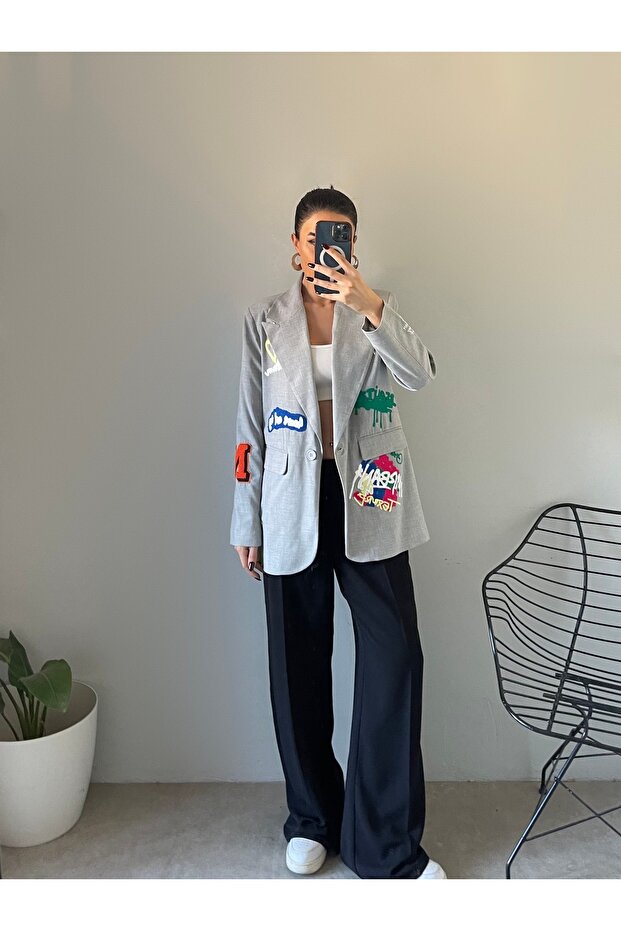 Basic Emojili Blazer Ceket - 1