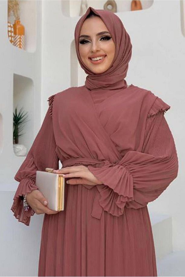 Kadın Pembe (GÜLKURUSU) Piliseli Şifon Elbise T 4263 - 1