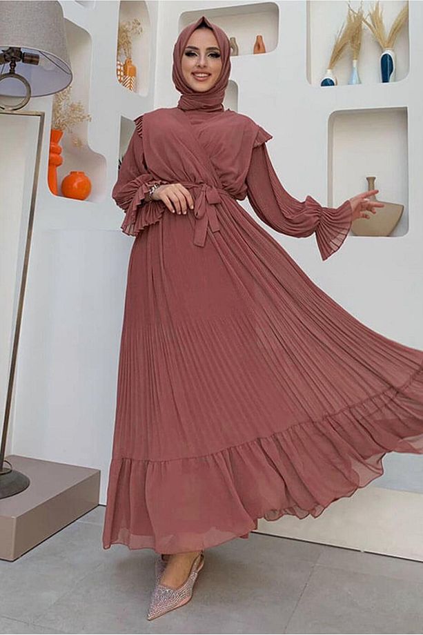 Kadın Pembe (GÜLKURUSU) Piliseli Şifon Elbise T 4263 - 2