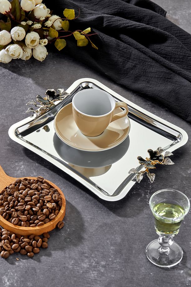 Elegante Square Serisi, Duo Luna Nera Kulp Desenli Krom Sunum Söz Nişan Tepsisi, 22cm, Tek Adet - 2